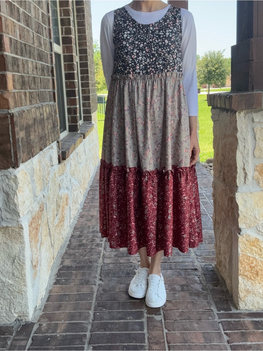 Sleeveless Mixed-Print Midi Dress